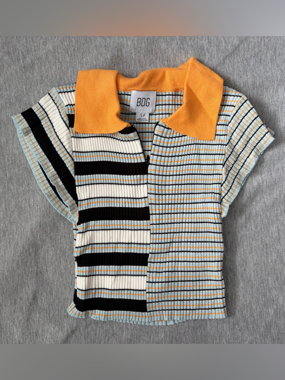 BDG Striped Crop Top in Black, Cream, Light Blue & Yellow Collar